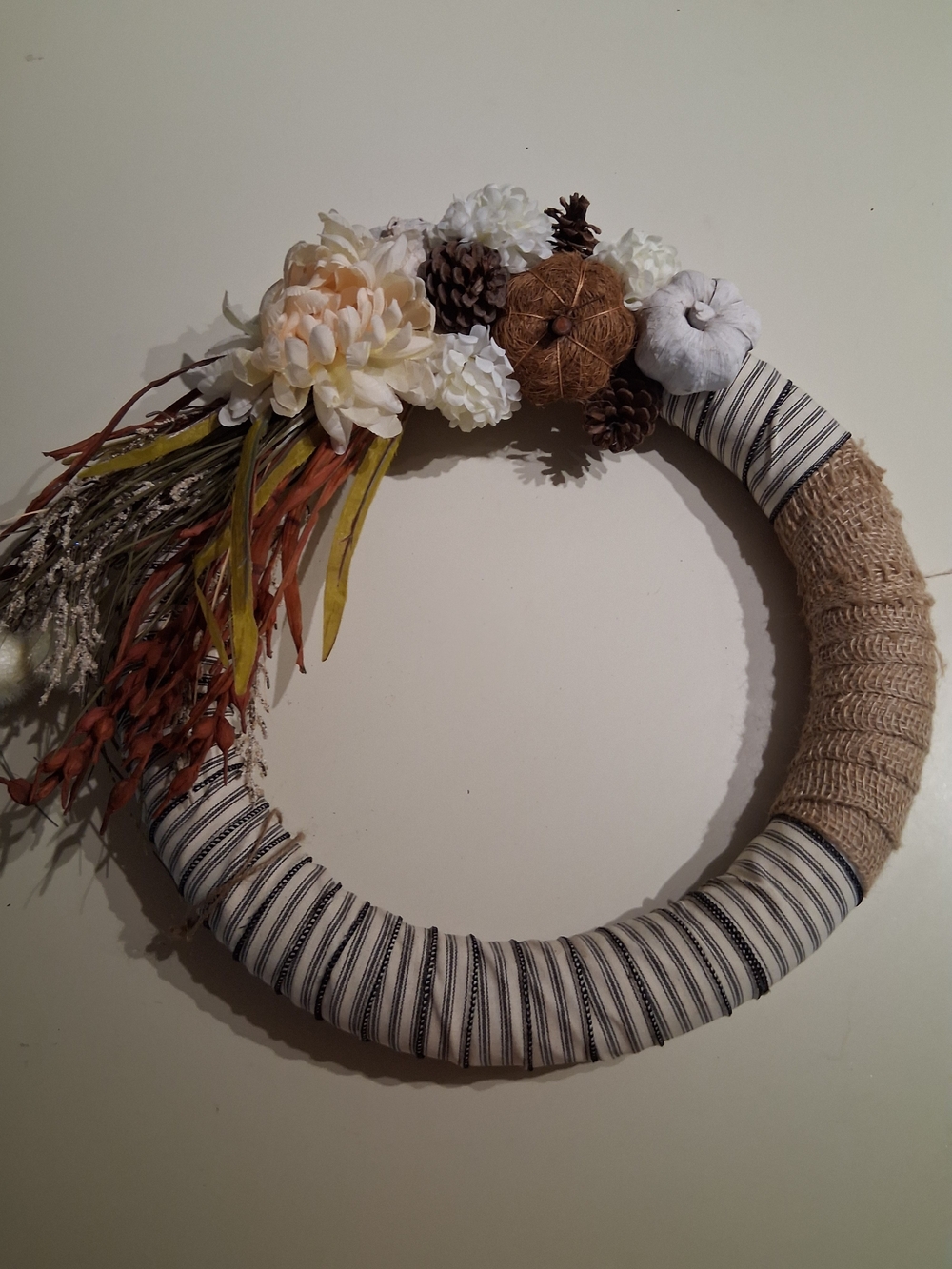 Fall Handcrafted Neutral Floral Burlap Wreath